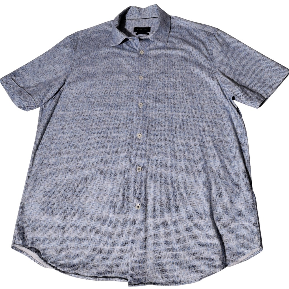 Bugatchi OoohCotton Tech Short Sleeve Button Down Shirt Blue Geometric Mens L